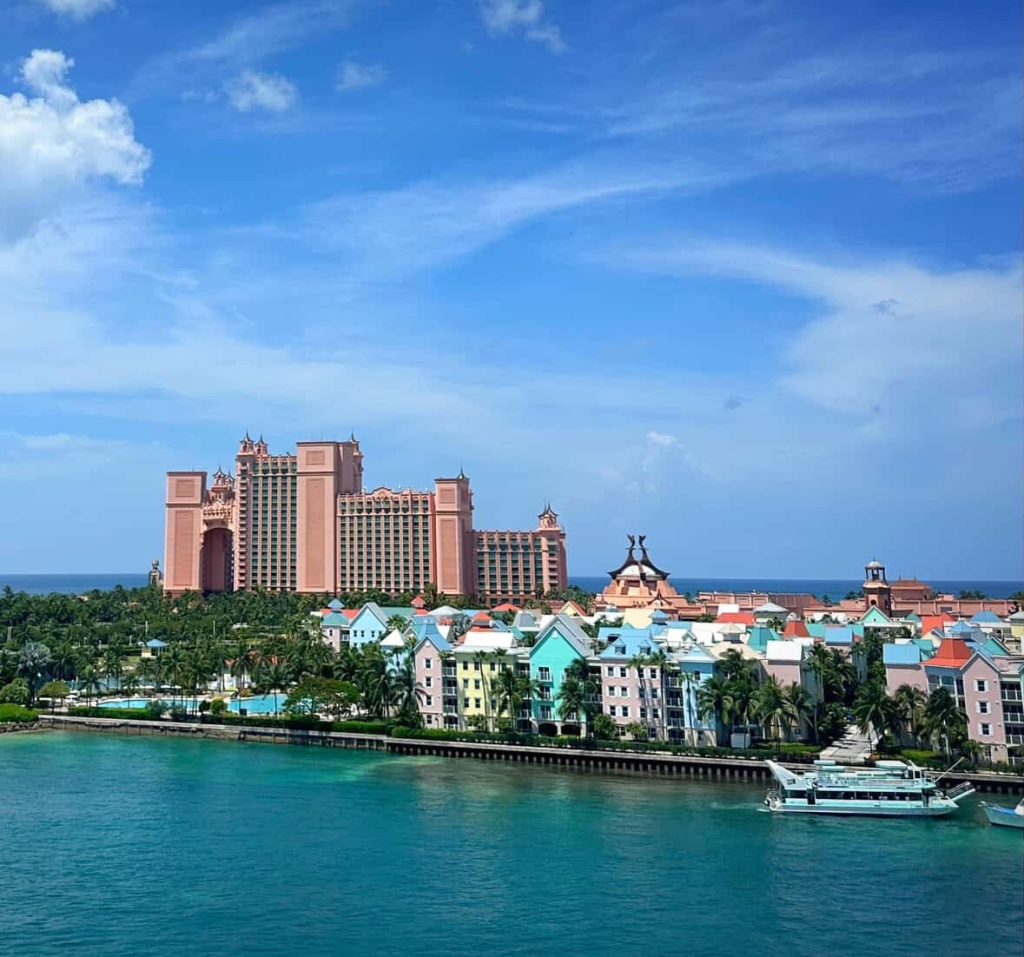 Atlantis Resort and colorful buildings in Nassau, Bahamas.
