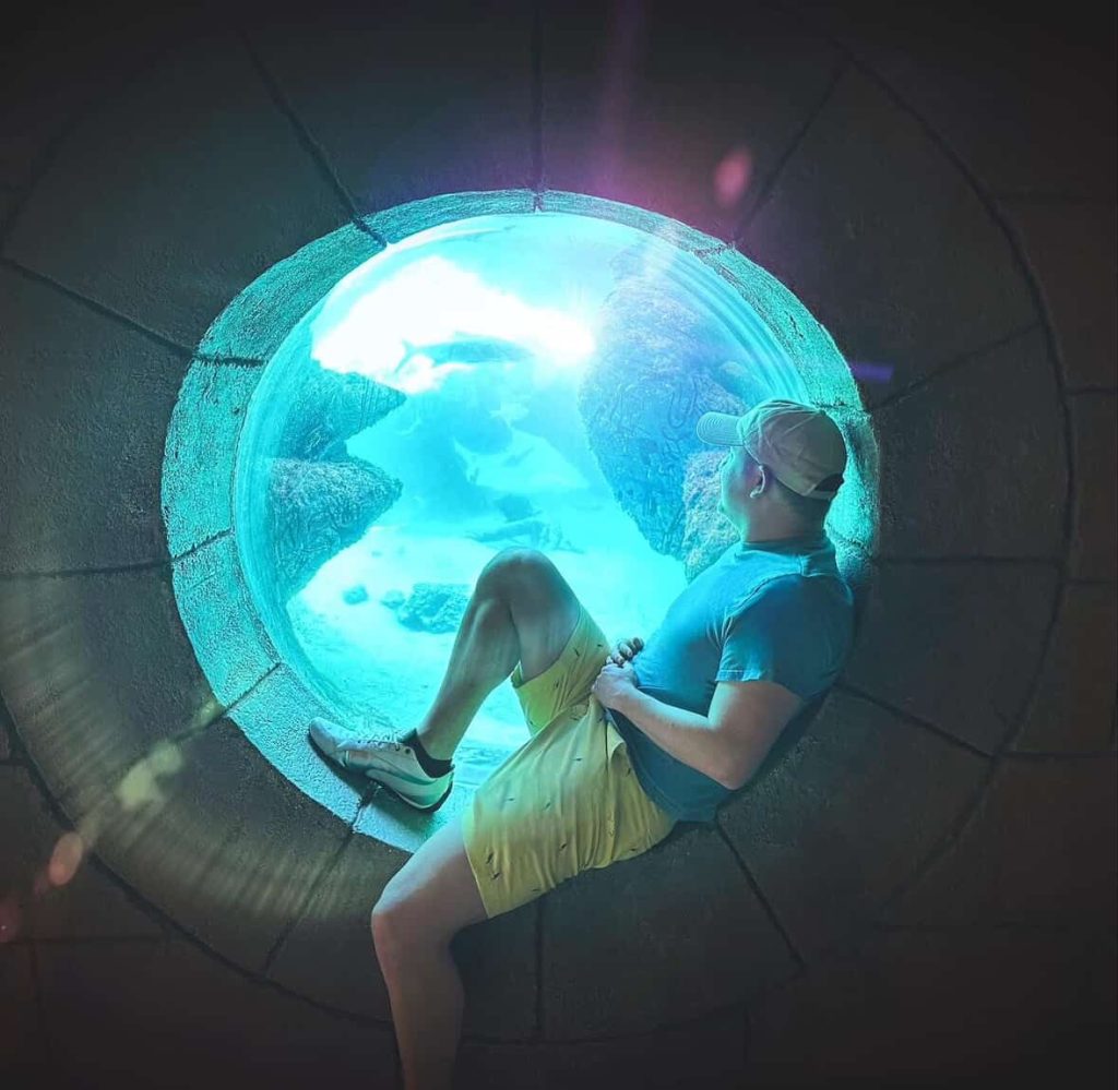 Man looking through a round aquarium window at sharks in Nassau
