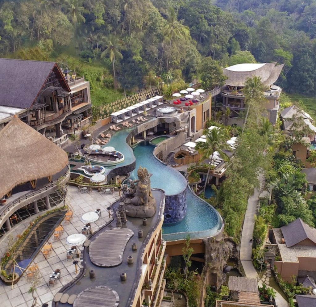 Luxury resort in Bali with infinity pools and lush green jungle