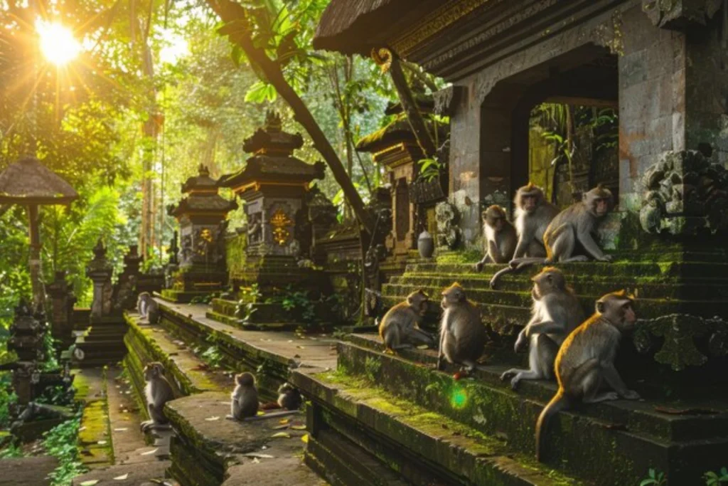 Monkeys in a Balinese temple with lush greenery and sunbeams