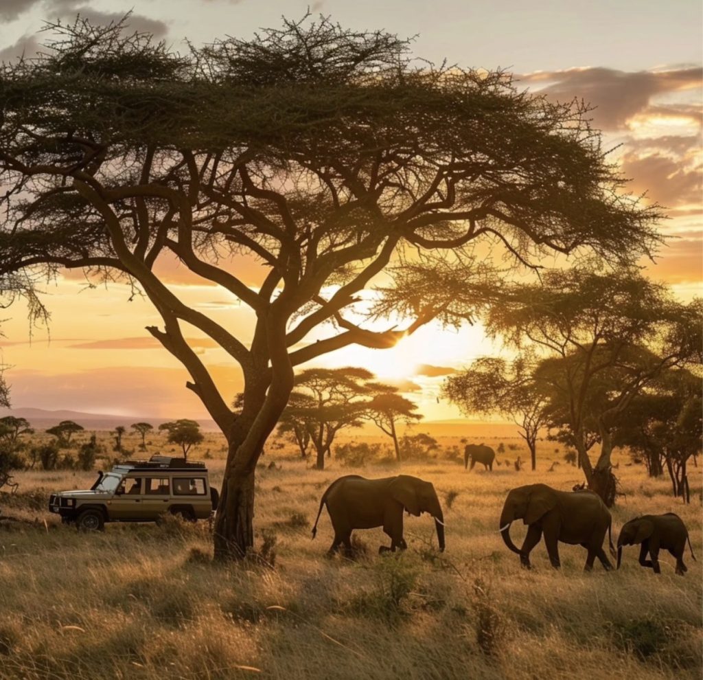 Elephants walk across the African savanna at sunset, with a safari vehicle nearby.