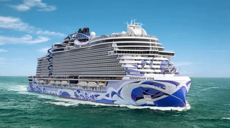 Norwegian Viva cruise ship sailing on the ocean, showcasing its distinctive blue and white hull art.