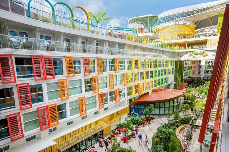Cruise ship Central Park neighborhood view with colorful cabins.