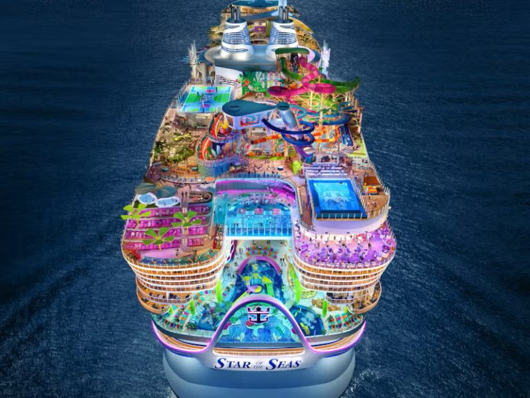 Aerial view of the Star of the Seas cruise ship, featuring water slides and pools.