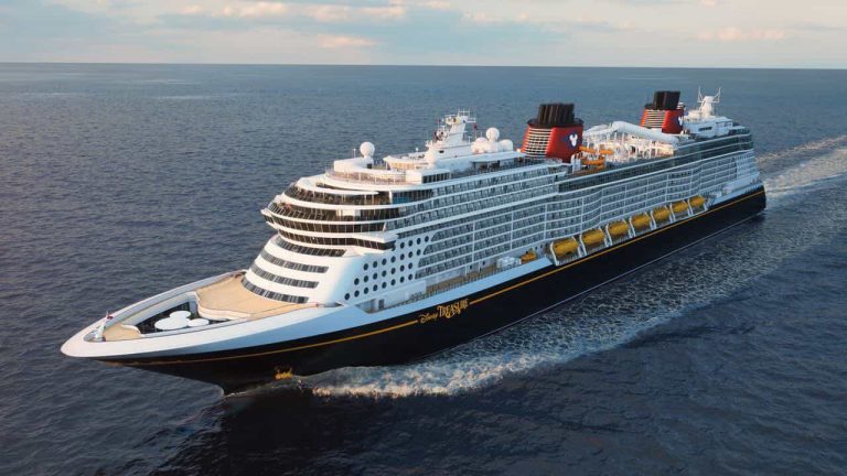 Disney Treasure cruise ship sailing on the ocean. Luxurious cruise for family cruises.