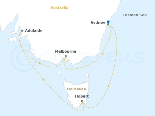 Cruise route map of Australia including Sydney, Melbourne, Adelaide, and Hobart, Tasmania.