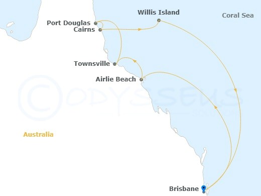 Cruise itinerary map of Australia's east coast, showing stops in Brisbane, Airlie Beach, Cairns, and Willis Island.