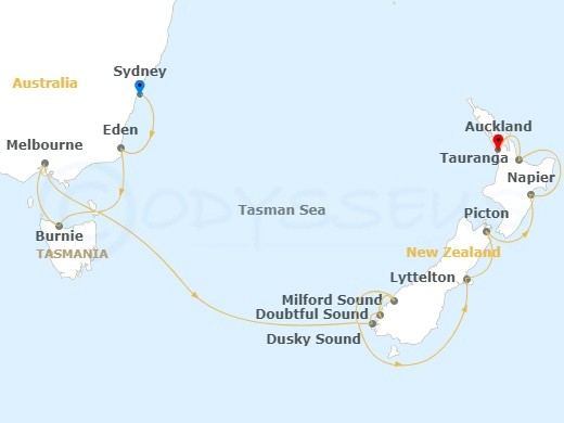 Australia and New Zealand cruise map showing ports of call: Sydney, Auckland, Melbourne, Milford Sound.