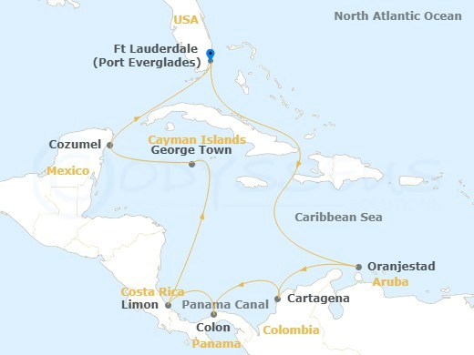 Cruise route map from Ft Lauderdale to Aruba, Cartagena, and Cozumel.