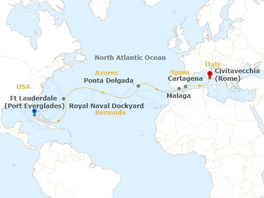 Cruise map showing route from Ft. Lauderdale to Civitavecchia (Rome) with stops in Bermuda and the Azores.