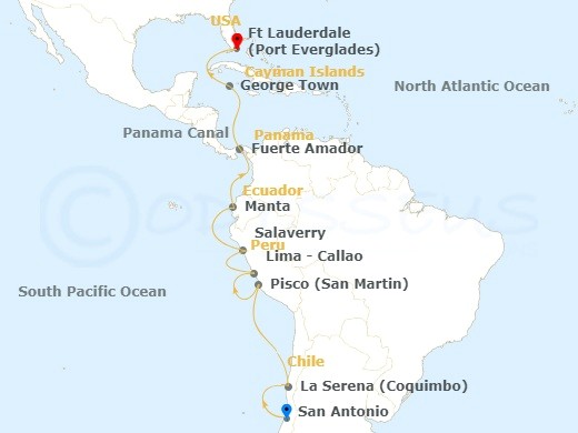Cruise route map from Ft Lauderdale to San Antonio, Chile, stopping at Panama Canal, Peru, and Ecuador.