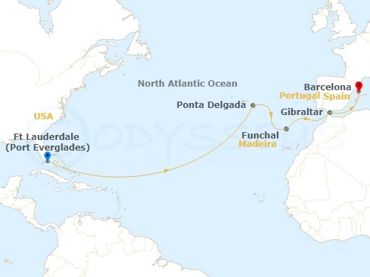 Cruise route map from Fort Lauderdale to Barcelona, stopping at Ponta Delgada, Funchal, and Gibraltar.