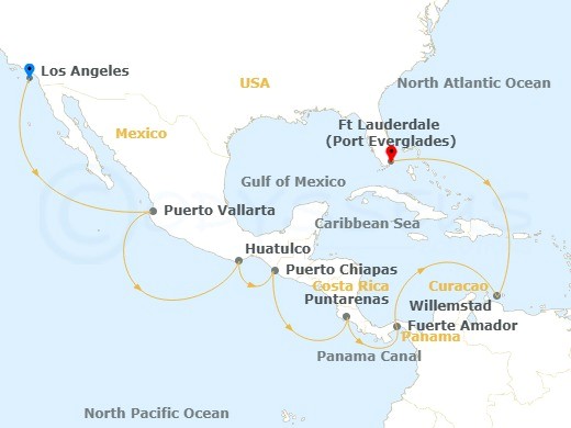 Cruise route map from Los Angeles to Ft. Lauderdale, including Puerto Vallarta and Panama Canal stops.