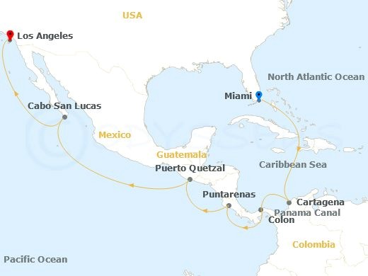 Cruise route map from Los Angeles to Miami, passing through Central America and the Panama Canal.
