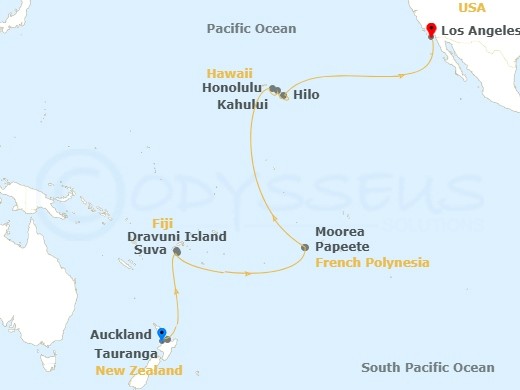 Cruise route map from Los Angeles to New Zealand, stopping in Hawaii, French Polynesia, and Fiji.