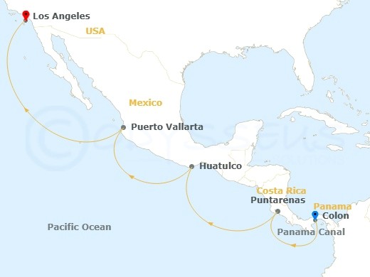 Cruise route map from Los Angeles to Colon, Panama, passing Puerto Vallarta, Huatulco, and Puntarenas.