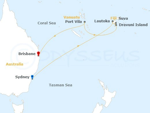 Cruise route map showing Brisbane, Sydney, Vanuatu, Lautoka, Suva, and Dravuni Island.
