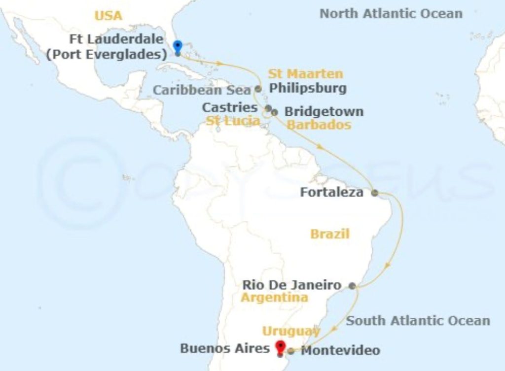 Cruise route map from Ft Lauderdale to Buenos Aires, stopping at Caribbean and Brazilian ports.