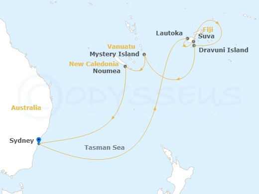 Cruise route map showing Sydney to Fiji, Vanuatu, and New Caledonia with port locations.