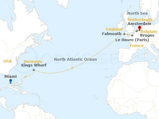 Cruise route map from Miami to Amsterdam via Bermuda, Falmouth, Le Havre, and Bruges.