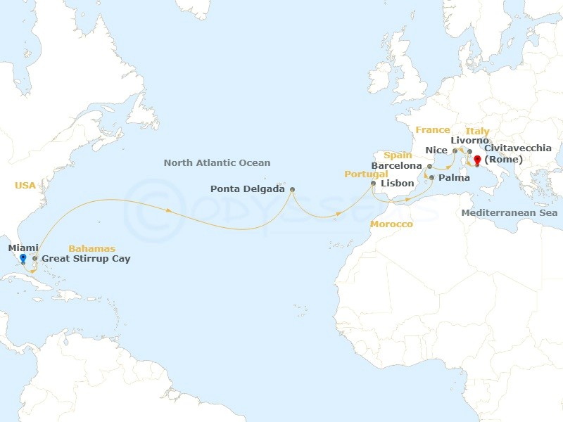 Cruise route map from Miami to Mediterranean ports: Barcelona, Nice, Rome, Lisbon, Ponta Delgada.