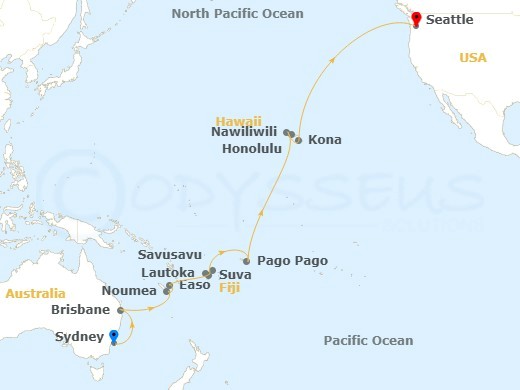 Cruise route map from Seattle to Sydney, stopping in Hawaii and Fiji.