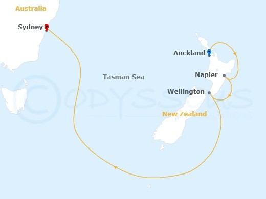 Cruise route map from Sydney, Australia to Auckland, Napier, and Wellington, New Zealand.