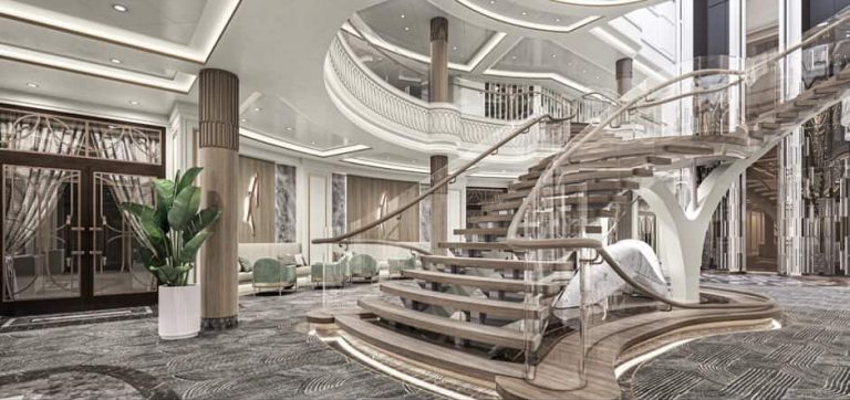 Elegant cruise ship atrium with spiral staircase, seating area, and plant. Modern interior design.