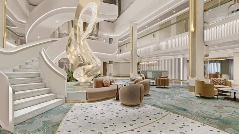 Cruise ship atrium with spiral staircase and modern sculpture. Elegant interior design.