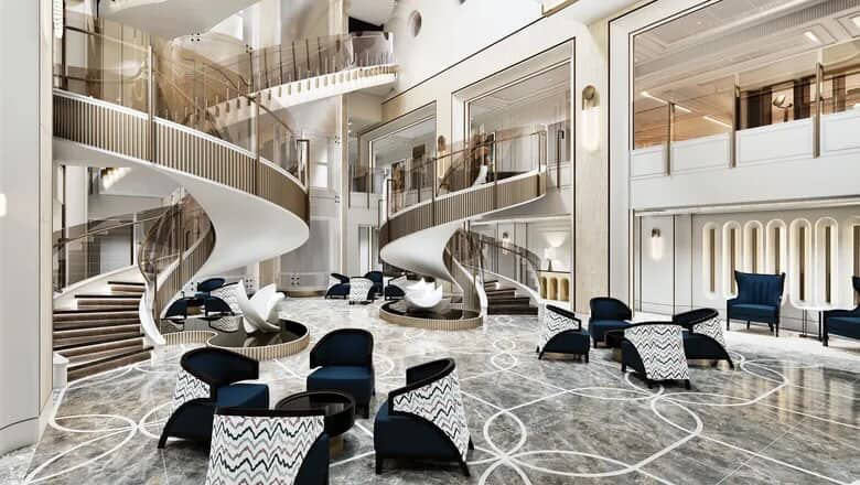 Elegant cruise ship atrium with spiral staircases and modern seating. Luxurious interior design.