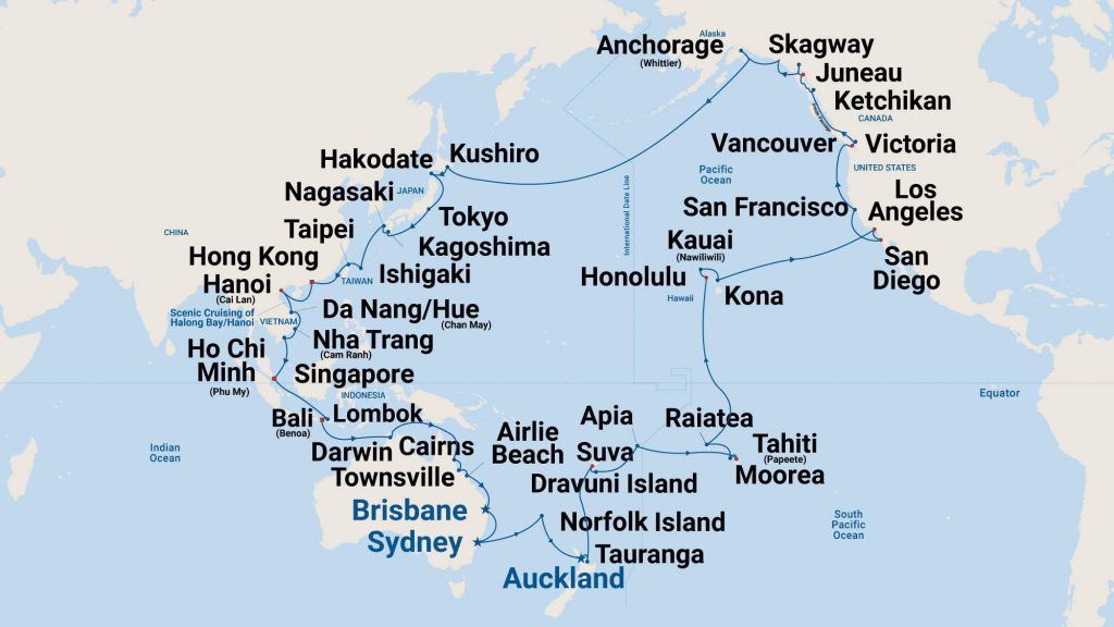 Cruise ship route map showing ports of call in Asia, Alaska, and the Pacific.