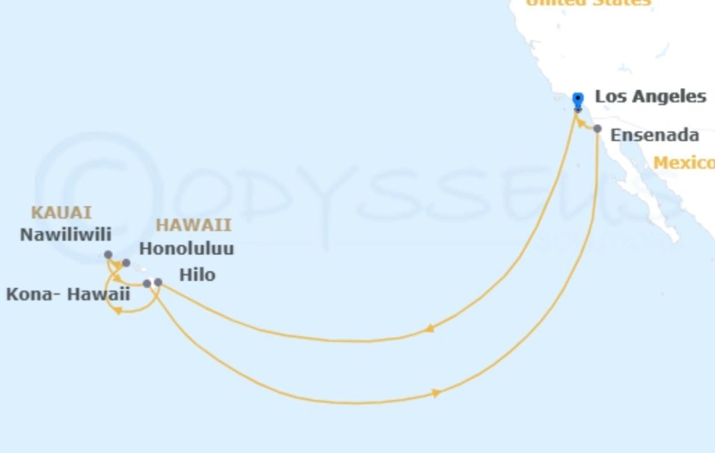 Cruise ship route map from Los Angeles to Hawaii, including Honolulu, Hilo, and Kauai.