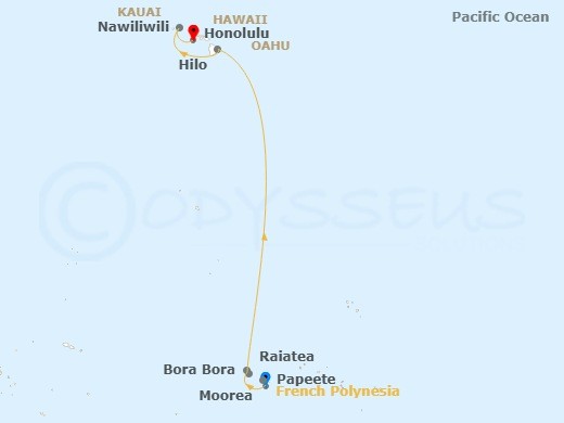 Cruise route map from Hawaii to French Polynesia including Bora Bora.