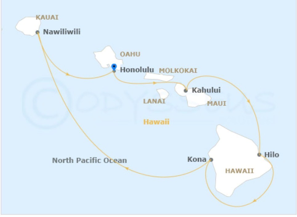 Hawaiian Islands cruise map showing itinerary from Honolulu to Kauai and Hawaii.