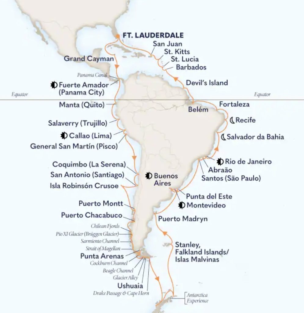 South America cruise itinerary map from Ft. Lauderdale showing ports of call.