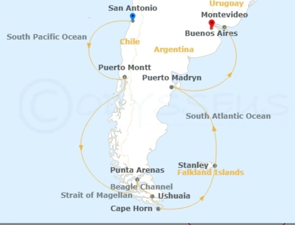 South America cruise route map showing ports of call in Argentina, Chile, Uruguay, and the Falkland Islands.