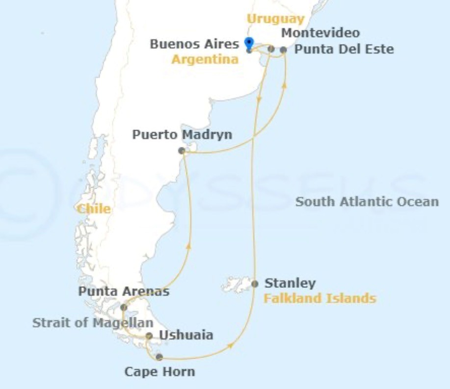 Cruise route map of South America: Argentina, Uruguay, Falkland Islands, and Cape Horn.