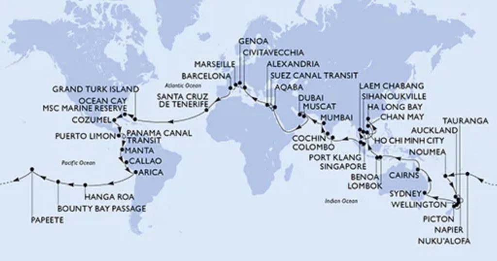 World cruise map showing ports of call including Genoa, Dubai, Sydney, and Auckland. Route marked with black line.