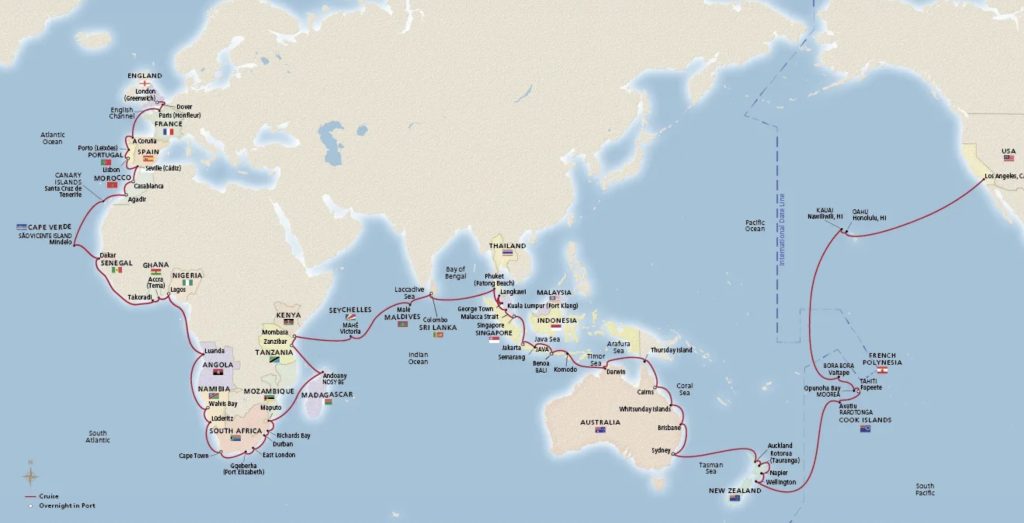 World cruise route map showing ports of call from London to Los Angeles.