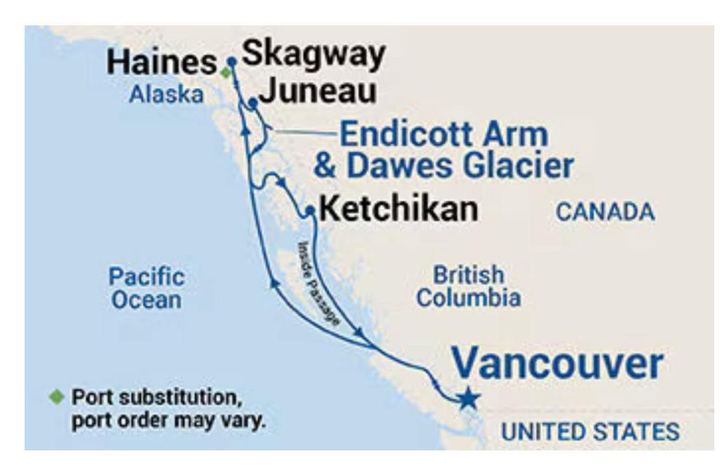 Alaska cruise map showing route from Vancouver to Juneau, Skagway, Haines, Ketchikan.