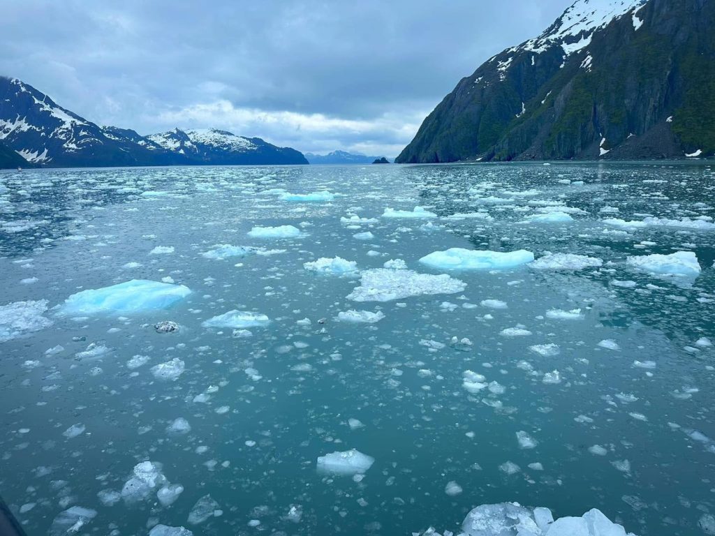 Glacier icebergs float in a turquoise bay with snow-capped mountains and cloudy skies.
