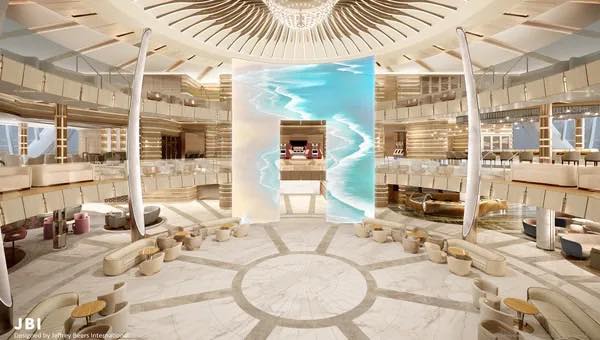 Luxurious cruise ship atrium with a large ocean-themed digital display.