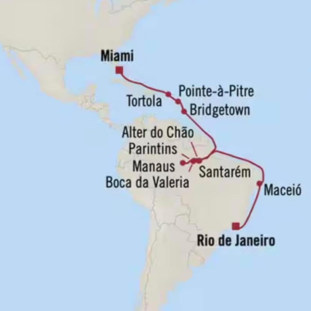Map showing cruise route from Miami to Rio de Janeiro, with stops in the Caribbean and Amazon.