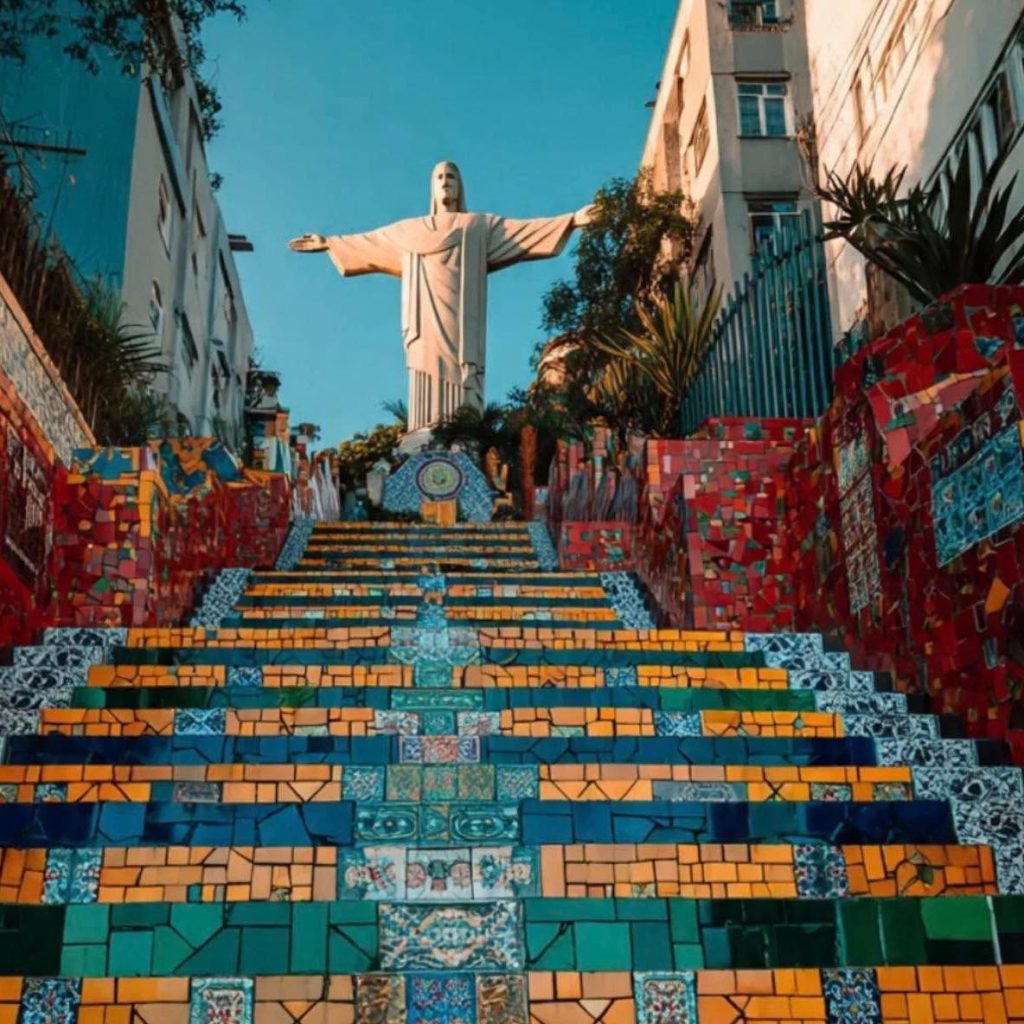 Christ the Redeemer statue overlooking vibrant mosaic stairs in Rio de Janeiro