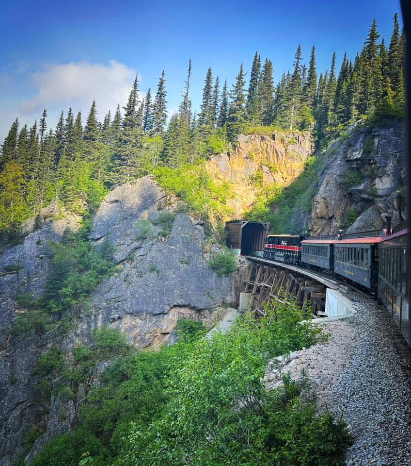 Train on tracks passing through a tunnel on a mountain with green trees